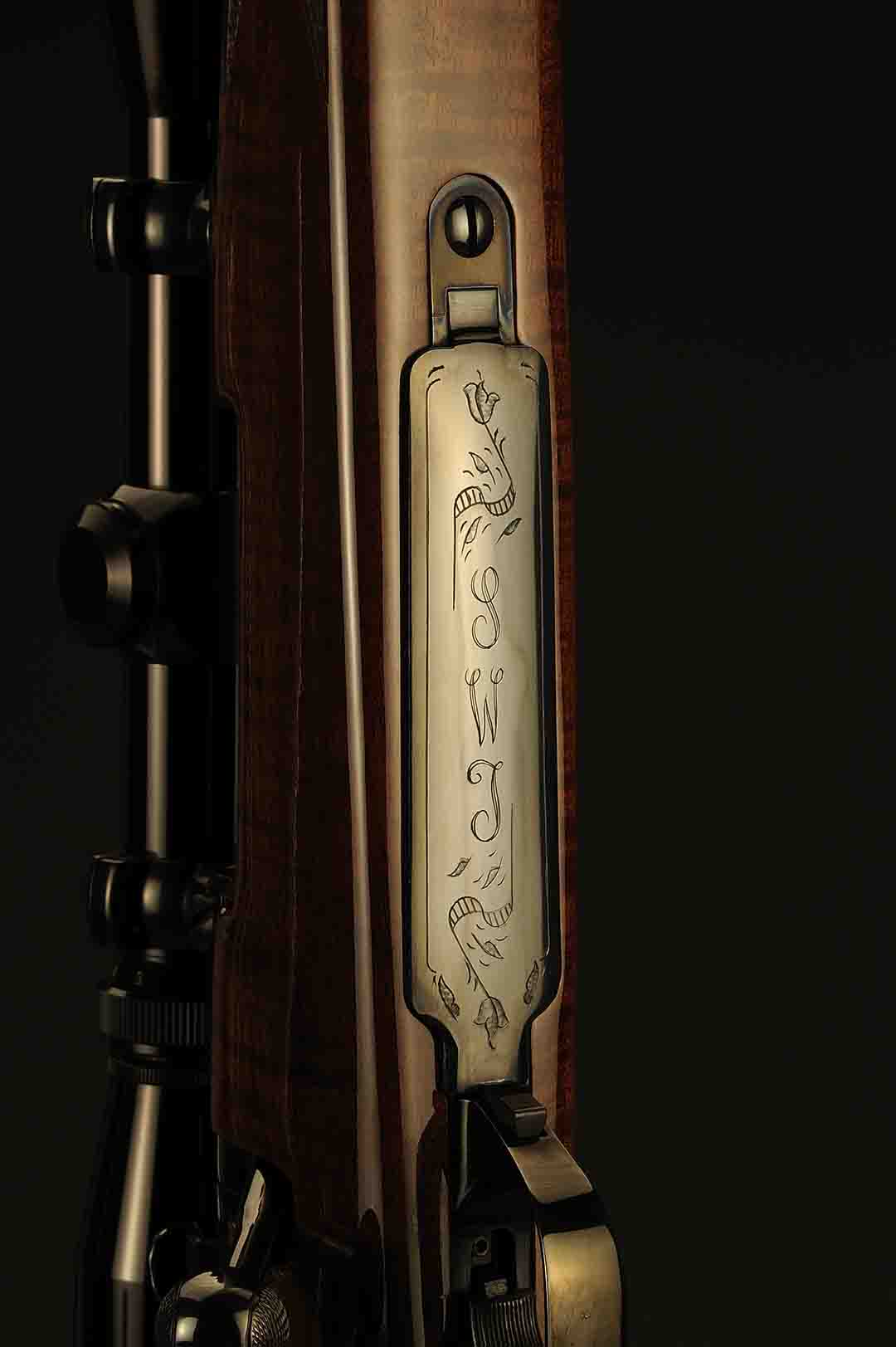 To personalize his rifle, Stan had Weatherby engrave his initials on the floorplate. Like the rest of the metalwork on the gun, it has a high polish and bluing.